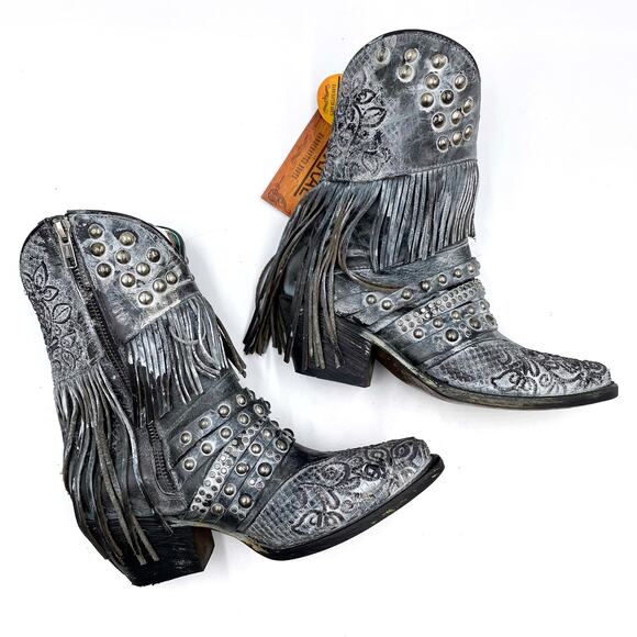 Corral‎ Embroidery Studded Fringe Boots Grey Leather Ankle Western Sz 6.5 Z0103 - Picture 4 of 10
